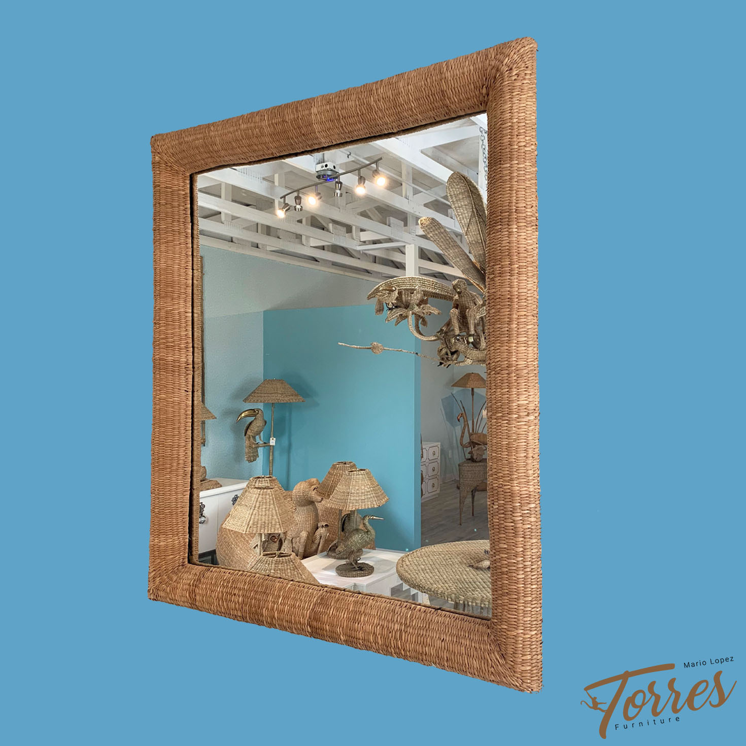 Large Wrapped Rattan Mirror by Mario Lopez Torres - Mario Lopez Torres